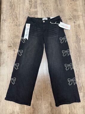 Juniors Black Wide Leg Jeans with Rhinestone Bow Detail